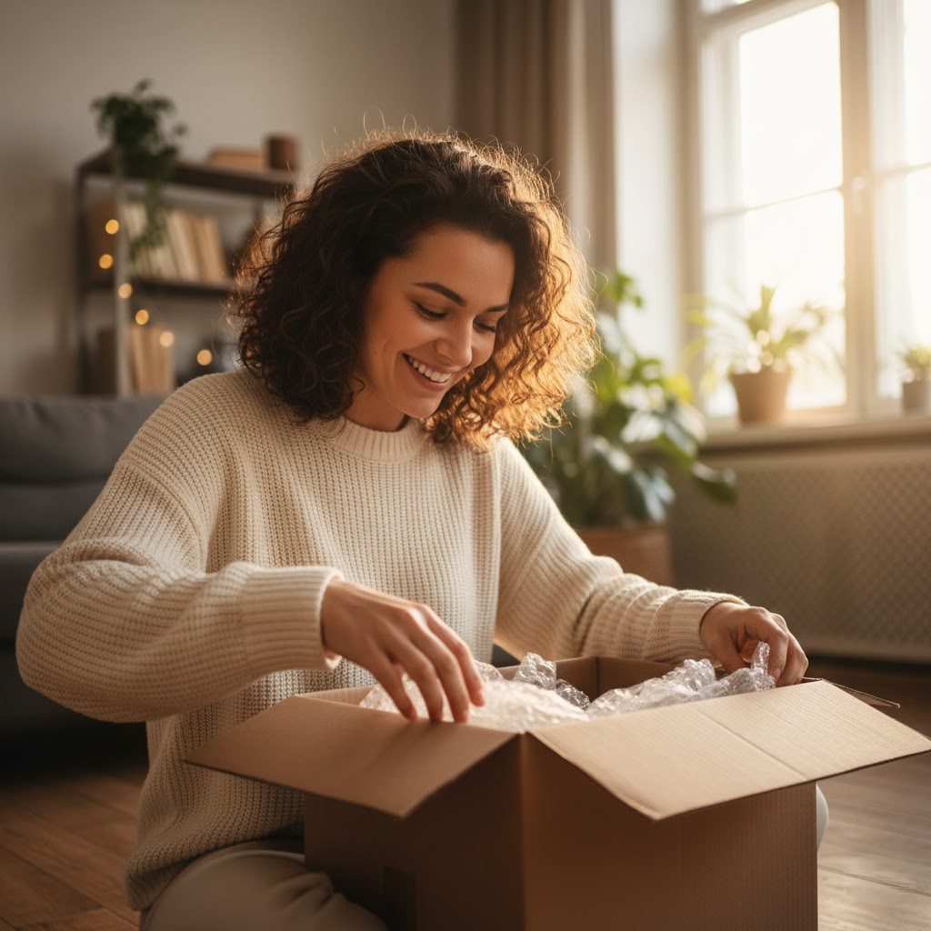 Acheteuse déballant un colis